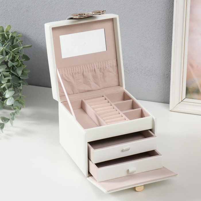 Шкатулка кожзам для украшений Шкатулка кожзам для украшений "Золотой бантик" серо-белая 15х15х12,7 см