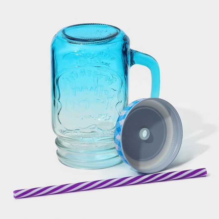 Кружка стеклянная с крышкой и трубочкой Доляна &laquo;Галерея&raquo;, 500 мл, 11&times;8&times;13,5 см, цвет МИКС
