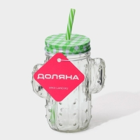 Кружка стеклянная с крышкой и трубочкой Доляна &laquo;Кактус&raquo;, 450 мл, 11&times;7&times;15 см