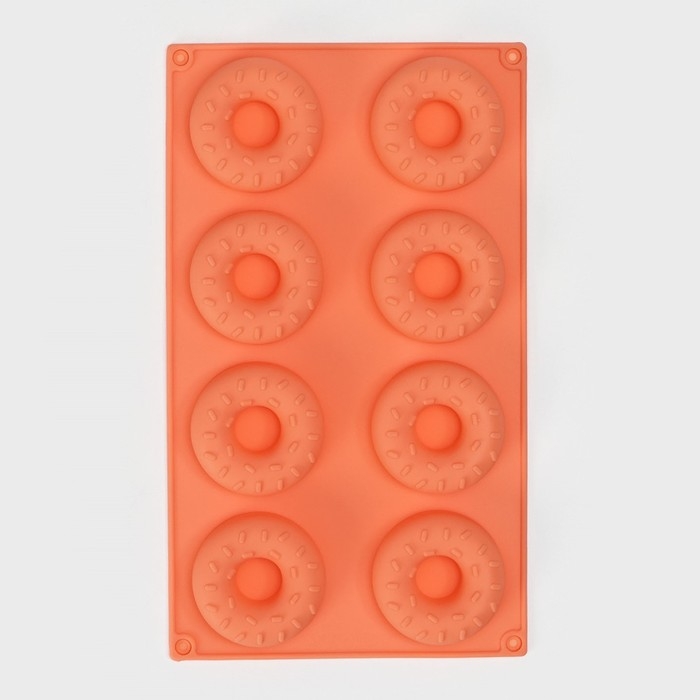 Форма для выпечки Доляна «Сладости.Пончики с кунжутом», силикон, 28,5×17 см, 8 ячеек (d=6,3 см), цвет оранжевый Форма для выпечки Доляна «Сладости.Пончики с кунжутом», силикон, 28,5×17 см, 8 ячеек (d=6,3 см), цвет оранжевый