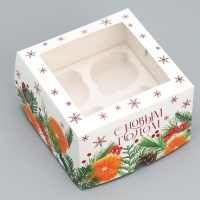 Коробка складная на 4 капкейка с окном &laquo;С Новым годом&raquo;, 16 х 16 х 10 см, Новый год