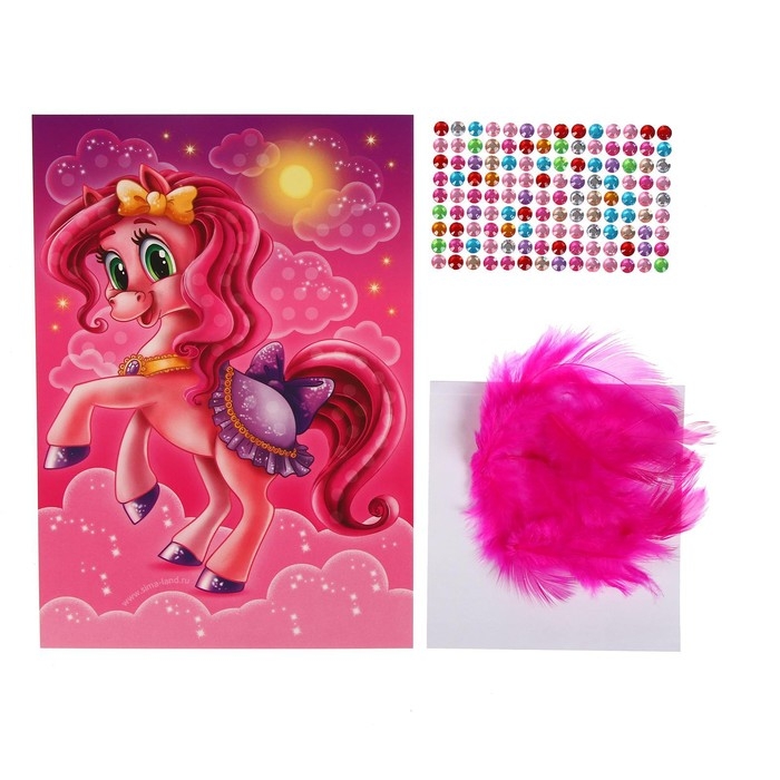 Набор для творчества. Аппликация перьями и стразами &laquo;Пони&raquo; 14,8 х 21 см+ бантик