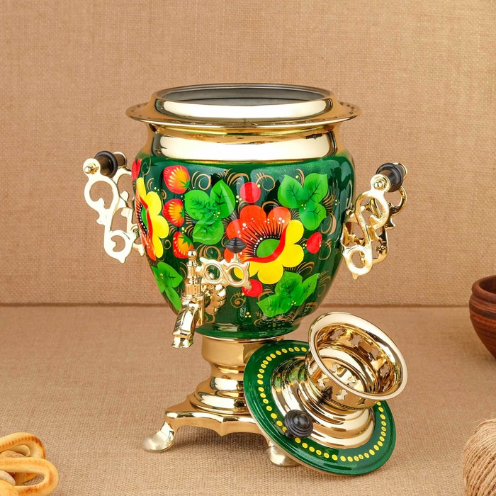 Набор &laquo;Маки на зелёном&raquo;, жёлудь, 3 предмета, самовар 3 л, заварочный чайник 0,7 л, поднос