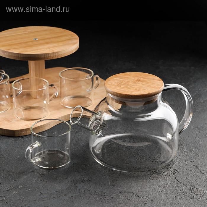 Набор чайный из стекла на деревянной подставке &laquo;Эко&raquo;, 7 предметов: чайник 1,1 л, 5 кружек 120 мл, подставка