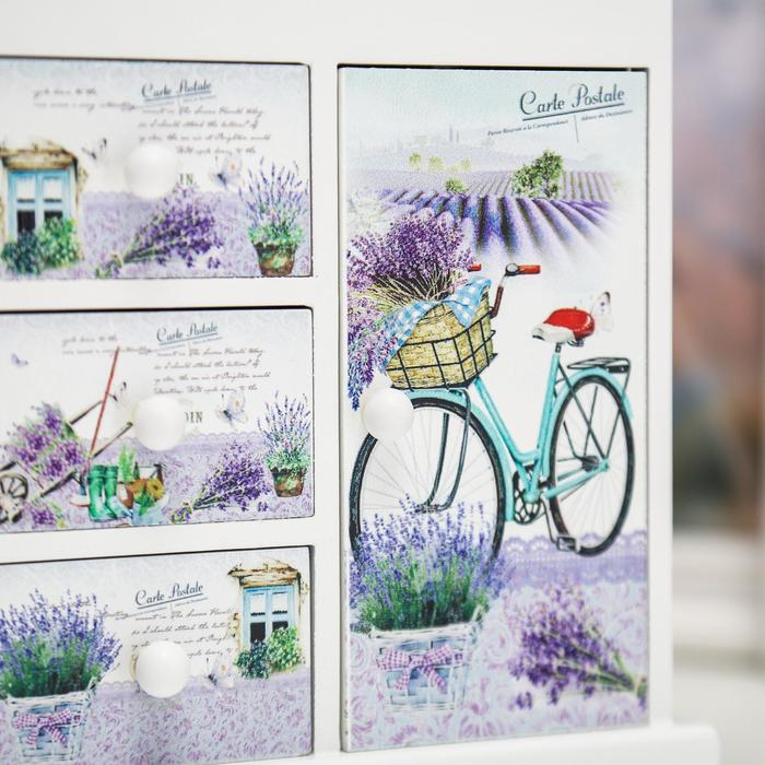 Шкатулка дерево комод 3 ящика+дверка Шкатулка дерево комод 3 ящика+дверка "Лавандовое поле" 18,8х16,1х8,2 см