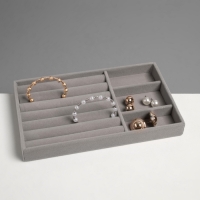 Подставка для украшений 3 ячейки и 7 полос для колец, флок, 21&times;12,3&times;2,5 см, цвет серый