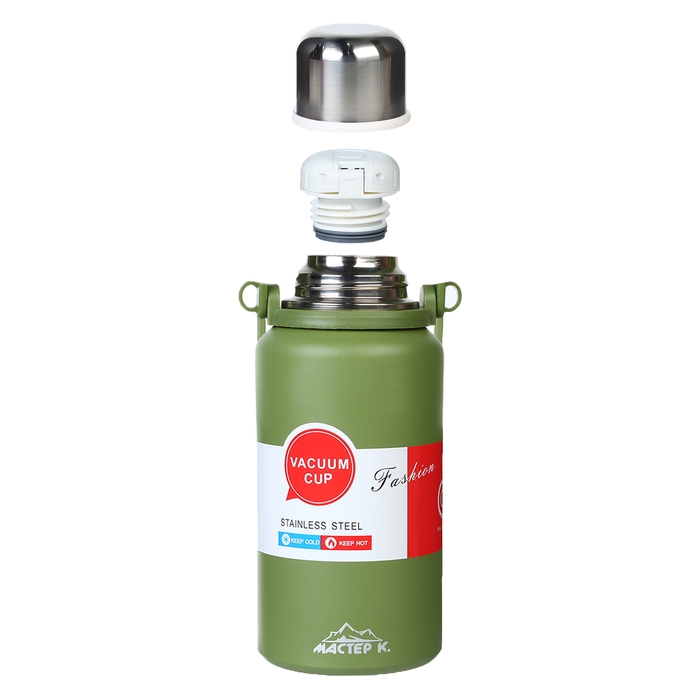 Термос, 1.1 л, Тропа "Мастер К", с кружкой, сохраняет тепло до 12 ч , зеленый