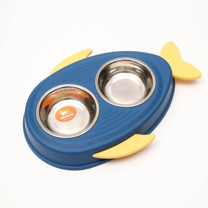 Миска металлическая двойная на пластиковом основании 2 х 160 мл, 35 х 23,5 х 5 см, синяя Миска металлическая двойная на пластиковом основании 2 х 160 мл, 35 х 23,5 х 5 см, синяя