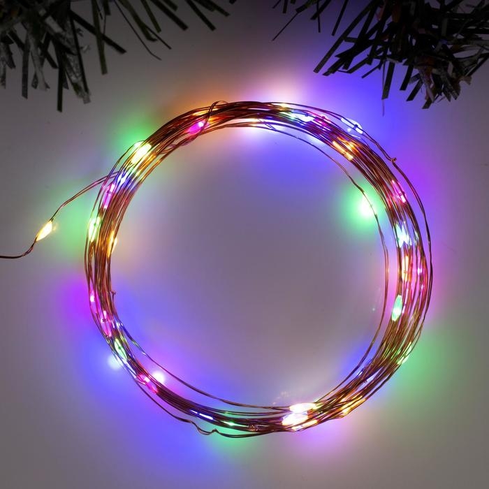 Гирлянда &laquo;Нить&raquo; 5 м роса, IP20, медная нить, 50 LED, свечение мульти, 2 режима, AAх3