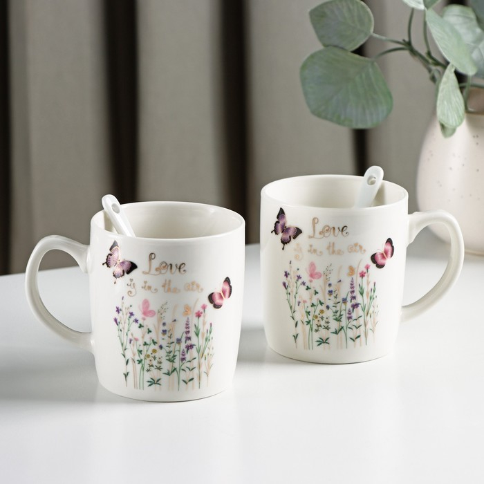 Набор кружек керамических с ложками &laquo;Весна&raquo;, 2 предмета: 200 мл, рисунок МИКС