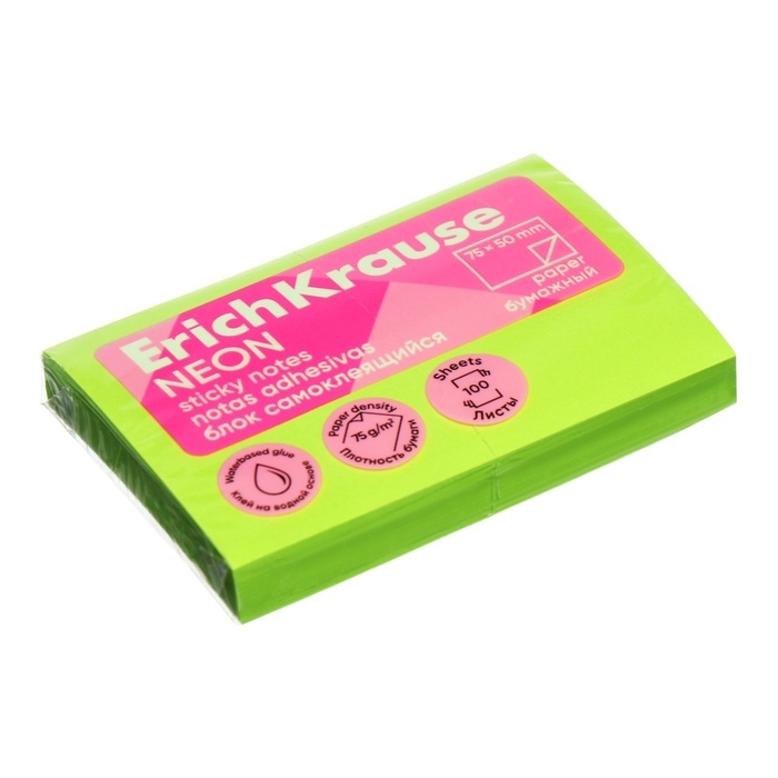 Блок с липким краем бумажный 75х50 мм, ErichKrause "Neon", 100 листов, зеленый