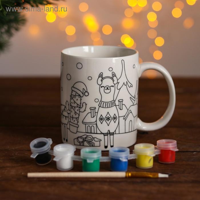 Набор кружка под раскраску &laquo;Лама новогодняя&raquo; краска 6 цв по 2 мл, кисть