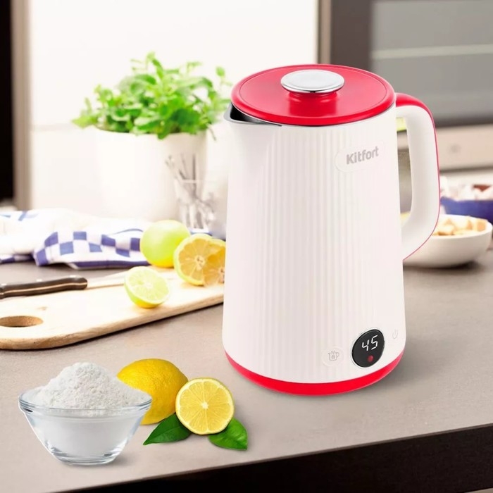 Чайник электрический Kitfort КТ-6197-1, пластик, колба металл, 1.5 л, 1500 Вт, бело-красный Чайник электрический Kitfort КТ-6197-1, пластик, колба металл, 1.5 л, 1500 Вт, бело-красный