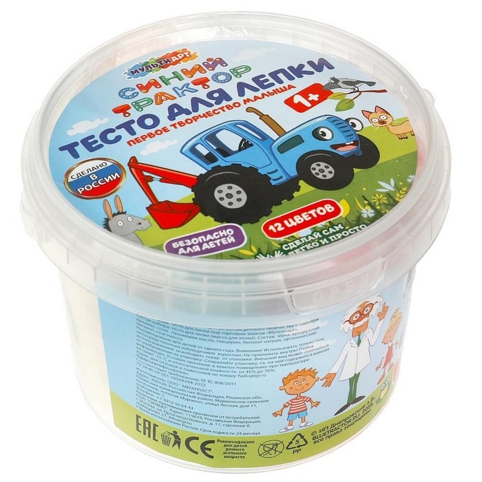 Тесто для лепки в ведре &laquo;Синий трактор&raquo;, 12 цв.