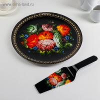 Тортовница стеклянная с лопаткой Доляна &laquo;Народные мотивы&raquo;, d=30 см, лопатка 26,5&times;7 см, цвет чёрный