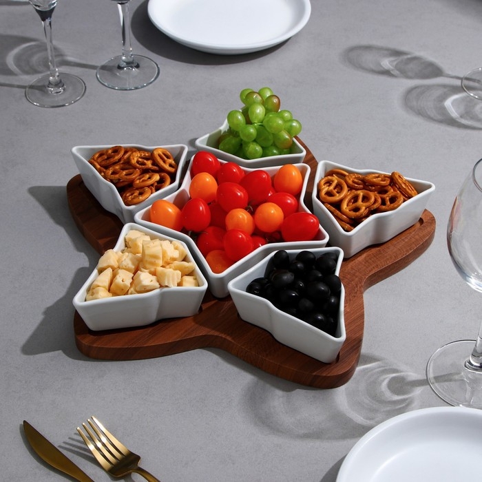 Менажница «Звезды», 5 шт: 200 мл, 1 шт: 500 мл, деревянное основание, фарфор, Иран Менажница «Звезды», 5 шт: 200 мл, 1 шт: 500 мл, деревянное основание, фарфор, Иран