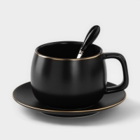 Чайная пара керамическая с ложкой &laquo;Мати&raquo;, 2 предмета: чашка 280 мл, блюдце d=13,5 см, цвет чёрный