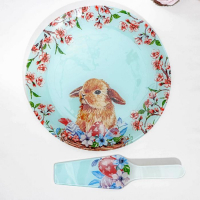 Тортовница стеклянная с лопаткой Доляна &laquo;Кролик&raquo;, d=30 см, лопатка 26,5&times;7&times;2 см