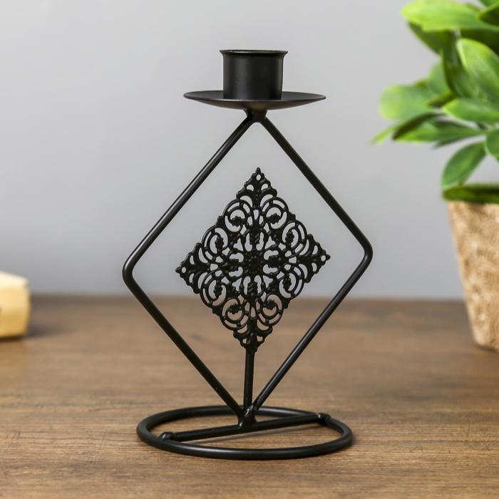 Подсвечник металл на 1 свечу Подсвечник металл на 1 свечу "Два ромба с узором" чёрный 14,5х11,5х8 см