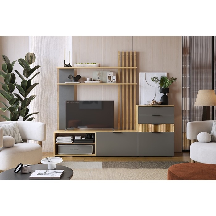 Гостиная "Бери" 1400х350х1810 дуб крафт золотой/графит