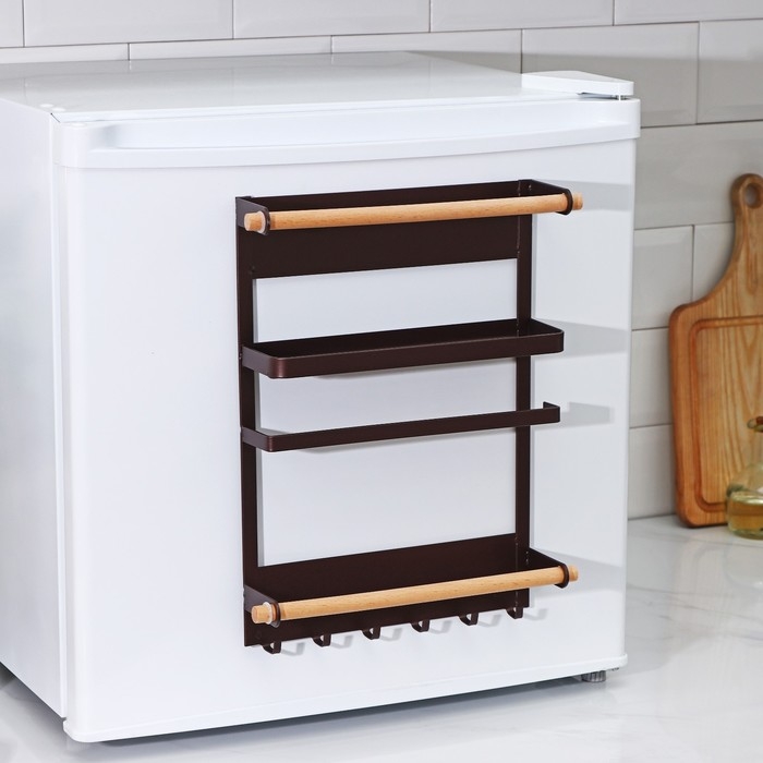 Держатель для кухонных принадлежностей на магните Доляна, 6 крючков, 4 направляющих, 34&times;24,5&times;34 см, цвет коричневый