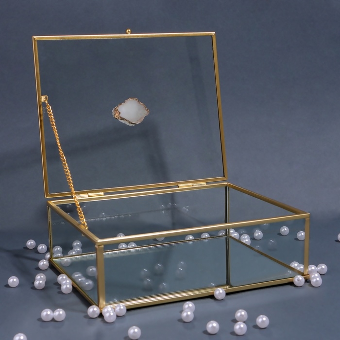 Органайзер для хранения &laquo;MOUNTAINS&raquo;, с крышкой, стеклянный, с зеркальным дном, 1 секция, 20 &times; 16 &times; 6,5 см, цвет прозрачный/медный