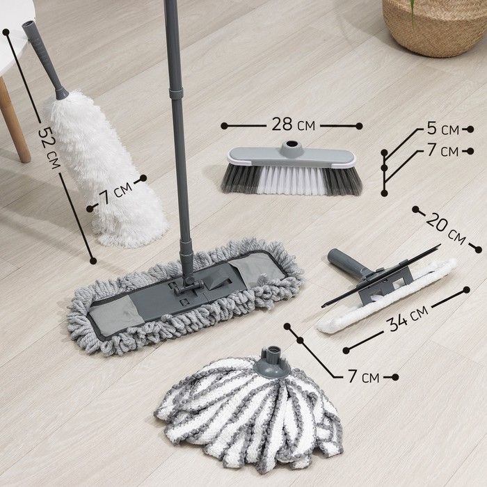 Комплект для уборки Raccoon &laquo;Универсальный&raquo;, 6 предметов: насадка моп, флаундер для швабры с насадкой, метла, окномойка, щётка для пыли и черенок.
