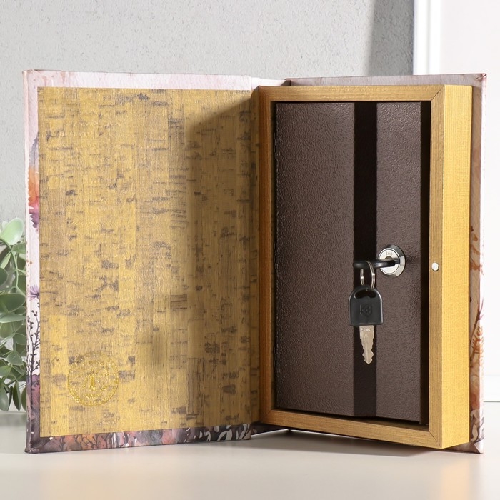 Сейф-книга дерево, кожзам, зеркало "Стрекоза и цветы" 24х16х5 см