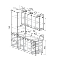 Кухонный гарнитур 2400 Денуа, с пеналом, цельная столешница, МДФ, Монте белый мрамор