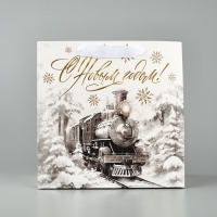 Пакет подарочный новогодний ламинированный квадратный &laquo;Новогодний поезд&raquo;, 22 х 22 х 11 см , Новый год