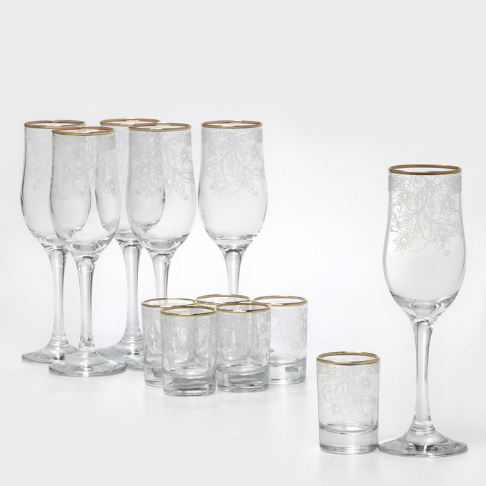 Набор подарочный &laquo;Акация&raquo;, стеклянный, 12 предметов: 6 бокалов 200 мл, 6 стопок 50 мл, гравировка, отводка золотом