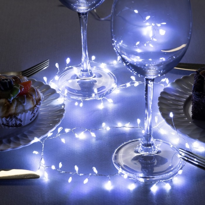 Гирлянда &laquo;Мишура&raquo; 1 м роса, IP20, серебристая нить, 100 LED, 2 режима, батарейки AAх3 (нет в комплекте), свечение белое