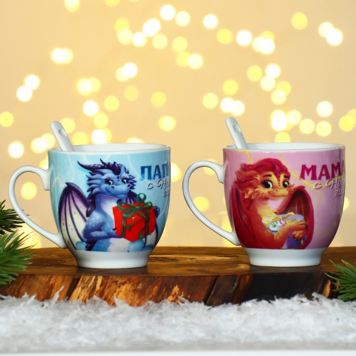 Подарочный набор новогодний из керамики &laquo;Мама, папа, с Новым годом!&raquo;, кружка 180 мл. 2 шт., ложка 2 шт., цвет белый