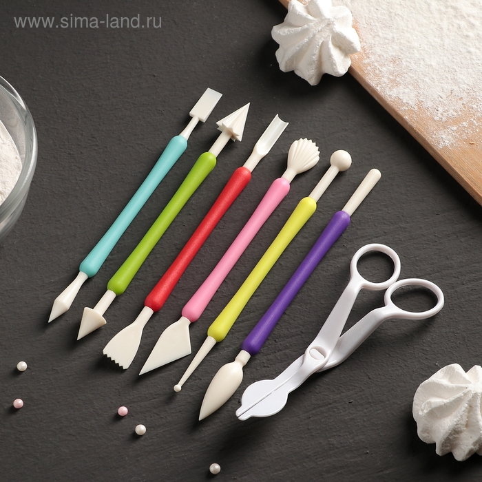 Набор для моделирования кондитерских украшений и ножницы кондитерские для переноски украшений Доляна, 6 шт, цвет и форма МИКС Набор для моделирования кондитерских украшений и ножницы кондитерские для переноски украшений Доляна, 6 шт, цвет и форма МИКС