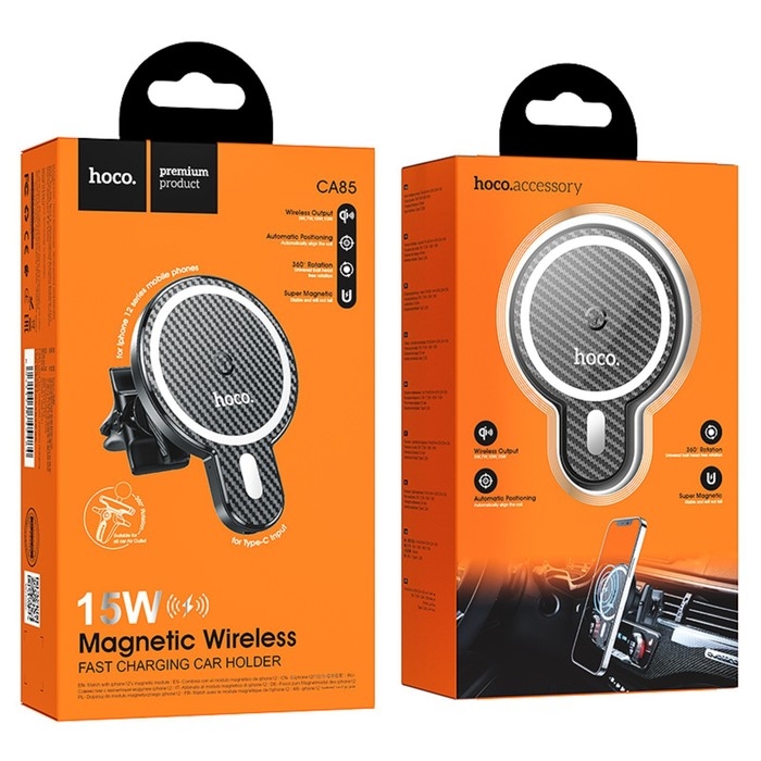 Держатель для смартфона в авто Hoco CA85, с беспроводной зарядкой, поддержка Magsafe, 15 Вт Держатель для смартфона в авто Hoco CA85, с беспроводной зарядкой, поддержка Magsafe, 15 Вт