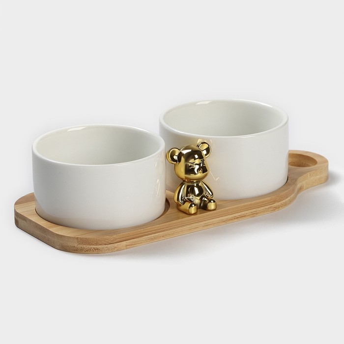 Набор соусников керамических на деревянной подставке &laquo;Стильный Мишка&raquo;, 3 предмета: 2 соусника 120 мл, подставка