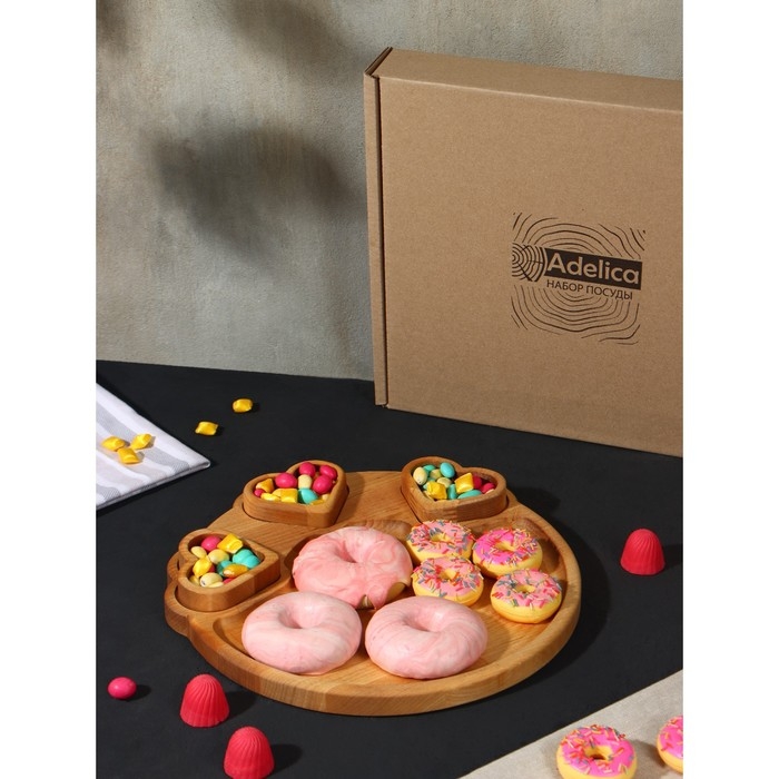 Подарочный набор деревянной посуды Adelica, поднос с 3 соусниками, 30&times;28&times;1,8 см, в подарочной коробке, берёза