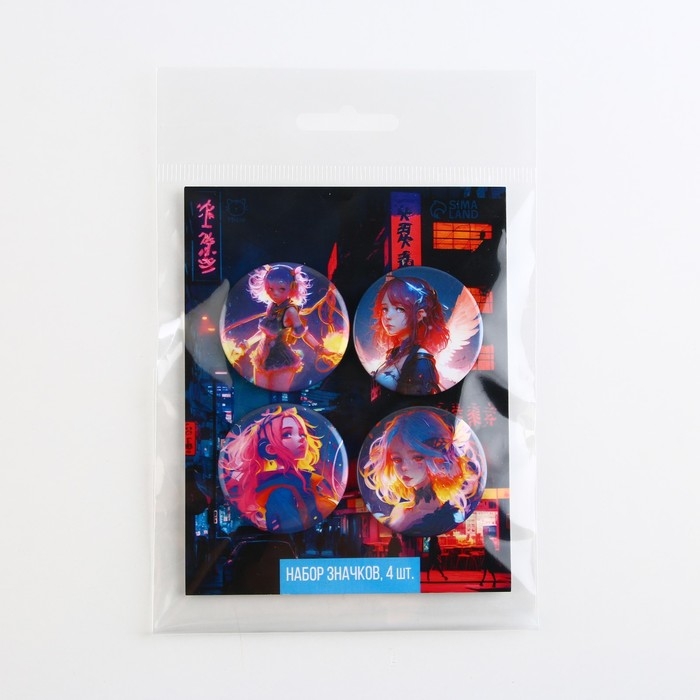 Значок металлический аниме , набор &laquo;Неон&raquo;, d=38 мм, 4 шт.