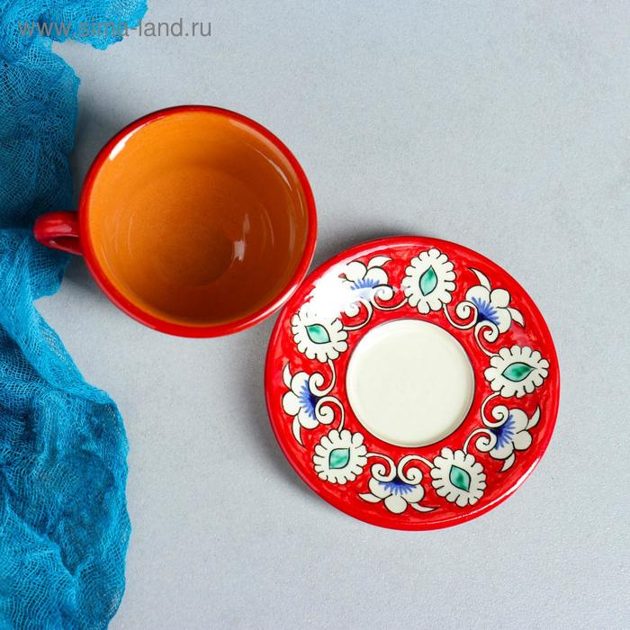 Чайная пара Риштанская Керамика "Узоры", 100 мл, (тарелка 10см, чашка 7,5см), красная