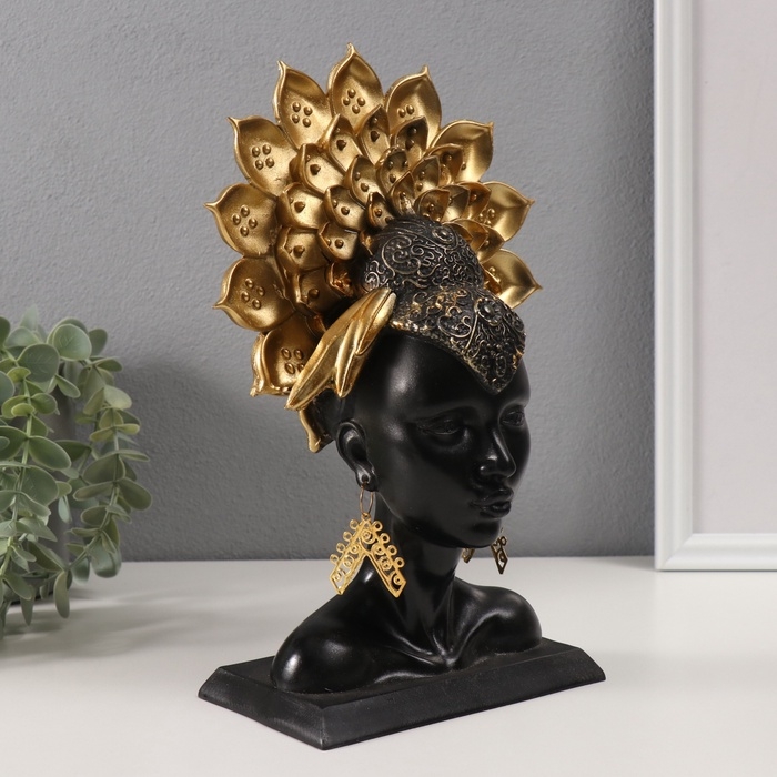 Сувенир полистоун бюст "Девушка с золотой георгиной-короной" чёрный 8,6х17х26,6 см