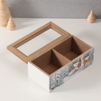 Шкатулка дерево 2 деления "Олени у заснеженного домика" 9,2х18х7 см