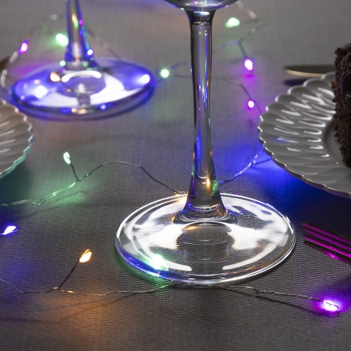 Гирлянда &laquo;Мишура&raquo; 1 м роса, IP20, серебристая нить, 20 LED, батарейки CR2032х2 (в комплекте), свечение мульти