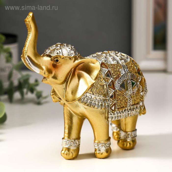 Сувенир полистоун "Золотой слон в зеркальной попоне" 13,5х14х6 см МИКС