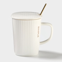 Кружка Simple, 320 мл, 14,5&times;10,5&times;8,5 см, с крышкой и ложкой, керамика, белая