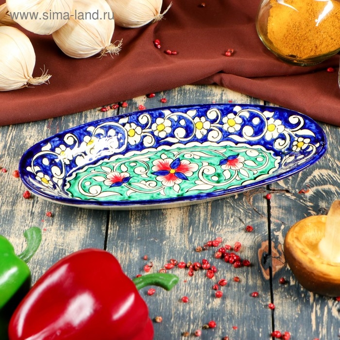 Селёдочница Риштанская Керамика "Цветы", 24 см, синяя, микс