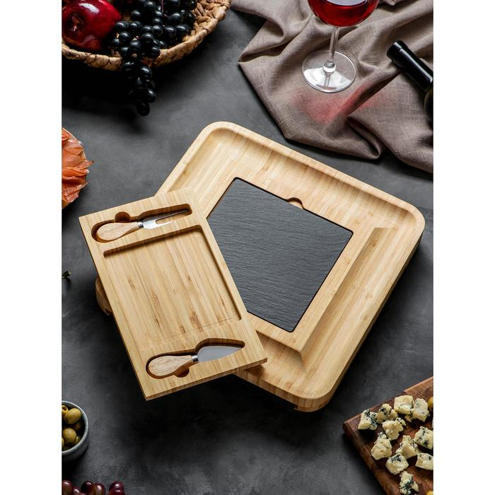 Набор для подачи сыра &laquo;Маасдам&raquo;, 4 ножа, бамбук, доска из сланца