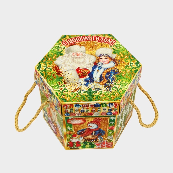 Новый год. Подарочная коробка новогодняя Шестигранник малый Новый год. Подарочная коробка новогодняя Шестигранник малый "Малахит" с веревочными ручками, 210x210x185 мм.