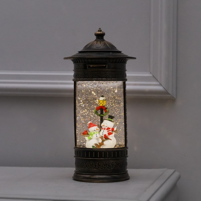 Светодиодная фигура &laquo;Фонарь со снеговиками&raquo; 14 &times; 27 &times; 14 см, пластик, батарейки ААх3 (не в комплекте), USB, свечение тёплое белое