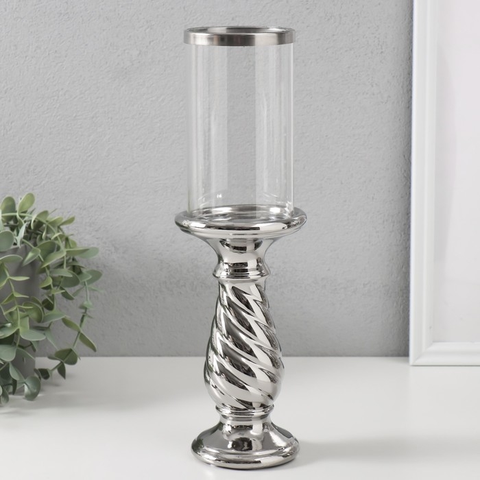 Подсвечник керамика, стекло на 1 свечу "Виток" d=7,5 см серебро 9,5х9,5х32 см