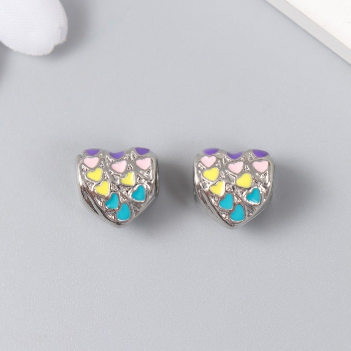 Бусина для творчества металл "Сердце с сердечками" серебро, эмаль 1.1 см